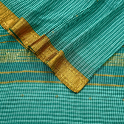 Vintage Sari Green Pure Cotton Hand Woven Sarees Craft Fabric Zari 5Yd Sewing Soft Crafting Dress making Upcycle Quilting Zigzag
