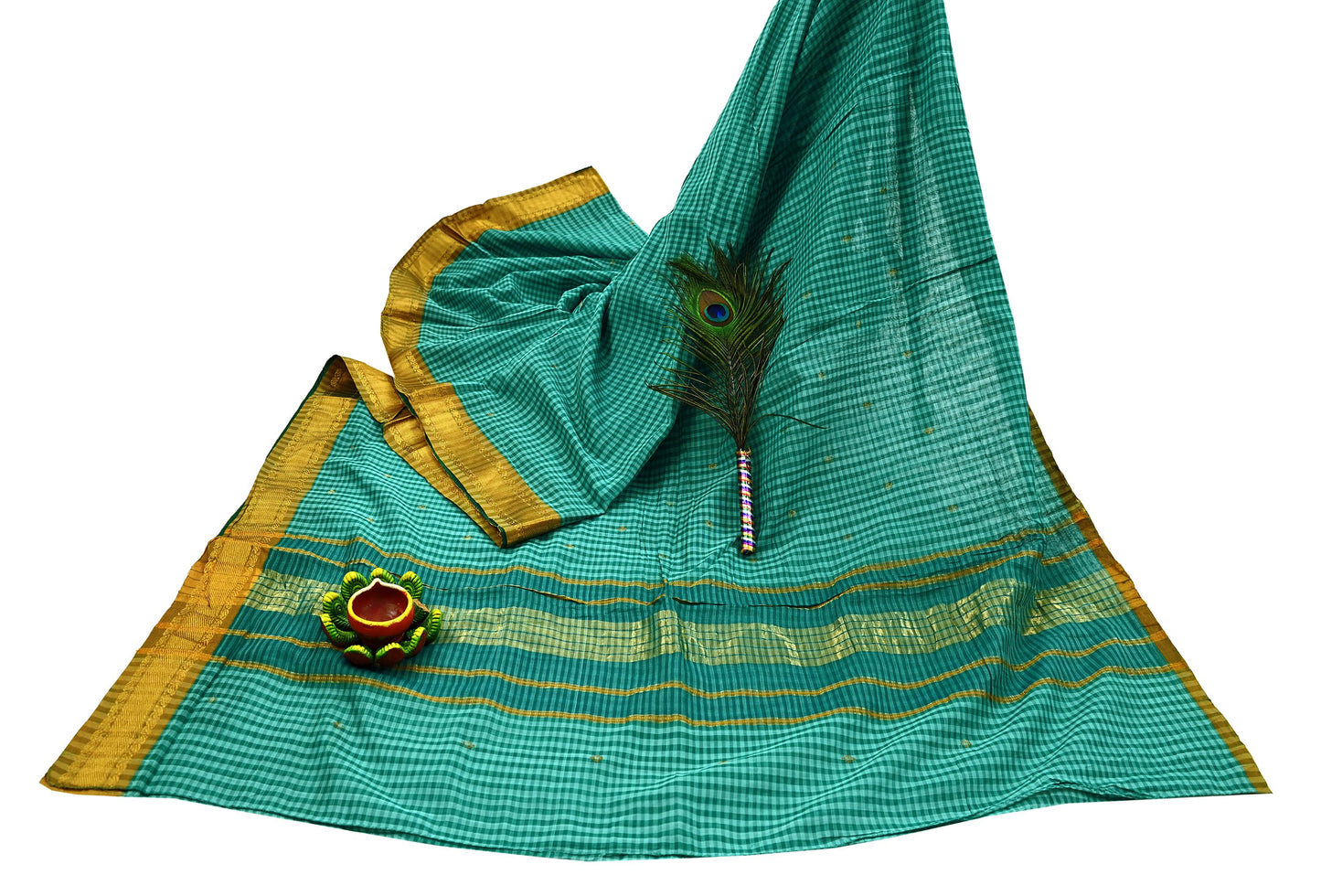 Vintage Sari Green Pure Cotton Hand Woven Sarees Craft Fabric Zari 5Yd Sewing Soft Crafting Dress making Upcycle Quilting Zigzag