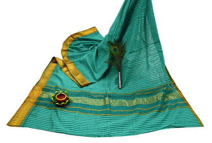 Vintage Sari Green Pure Cotton Hand Woven Sarees Craft Fabric Zari 5Yd Sewing Soft Crafting Dress making Upcycle Quilting Zigzag
