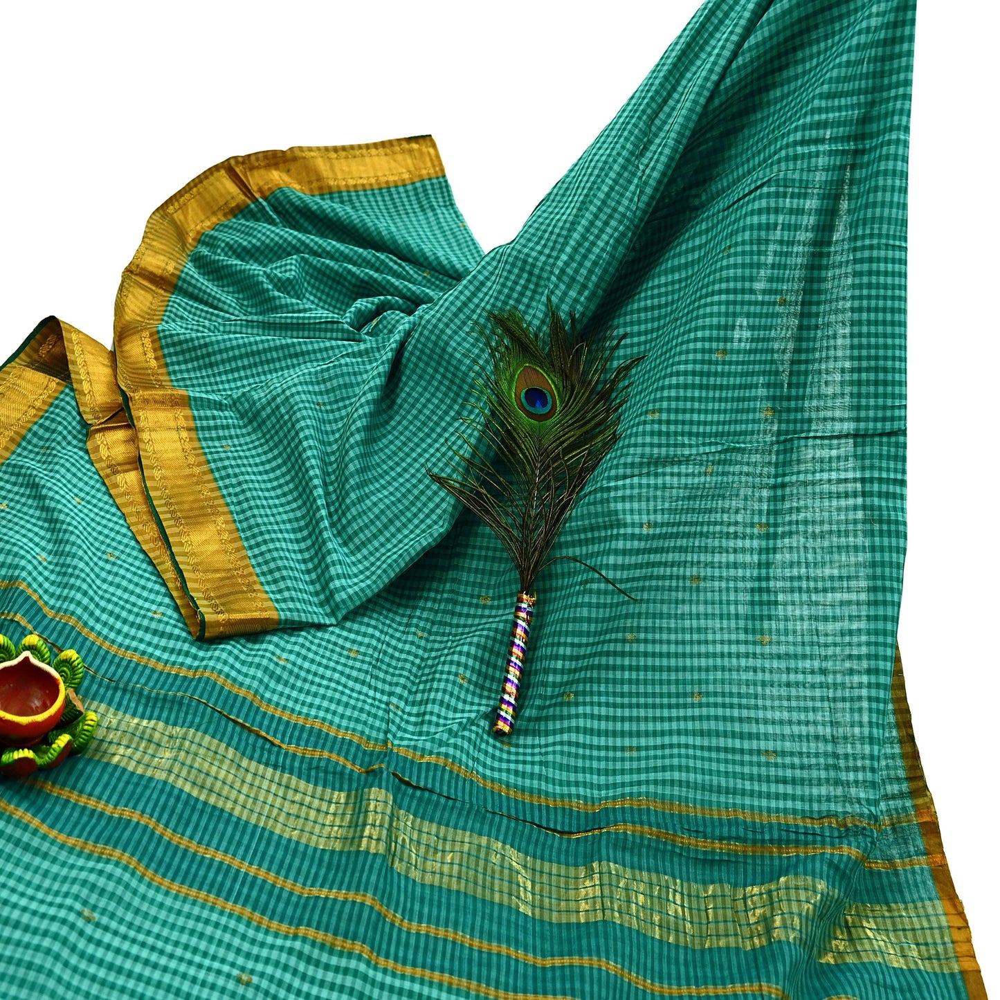 Vintage Sari Green Pure Cotton Hand Woven Sarees Craft Fabric Zari 5Yd Sewing Soft Crafting Dress making Upcycle Quilting Zigzag