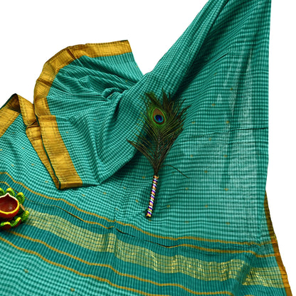 Vintage Sari Green Pure Cotton Hand Woven Sarees Craft Fabric Zari 5Yd Sewing Soft Crafting Dress making Upcycle Quilting Zigzag
