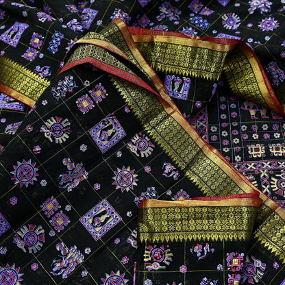 Indian Vintage Sari Black Hand Woven Painted Sarees Pure Cotton Craft Fabric 5Yd Floral Soft Dress Making Zari Border Crafting Quilting