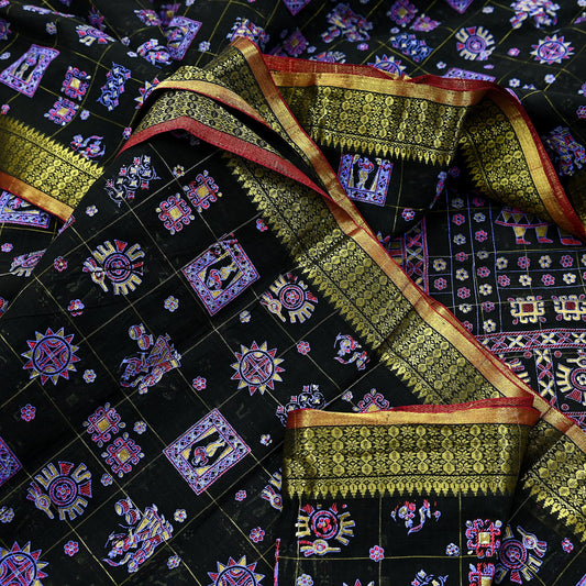 Indian Vintage Sari Black Hand Woven Painted Sarees Pure Cotton Craft Fabric 5Yd Floral Soft Dress Making Zari Border Crafting Quilting