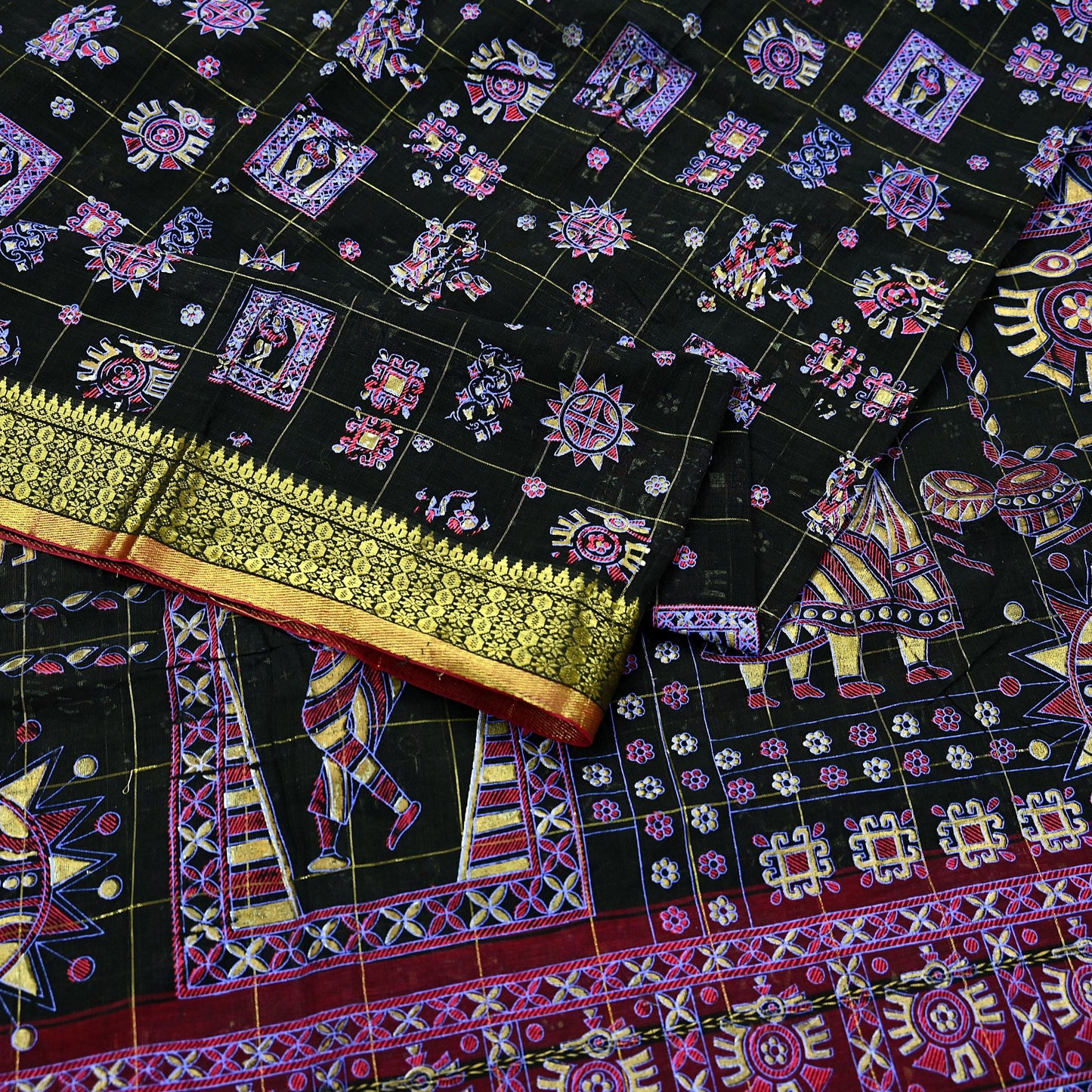 Indian Vintage Sari Black Hand Woven Painted Sarees Pure Cotton Craft Fabric 5Yd Floral Soft Dress Making Zari Border Crafting Quilting