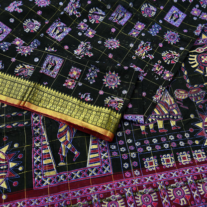 Indian Vintage Sari Black Hand Woven Painted Sarees Pure Cotton Craft Fabric 5Yd Floral Soft Dress Making Zari Border Crafting Quilting