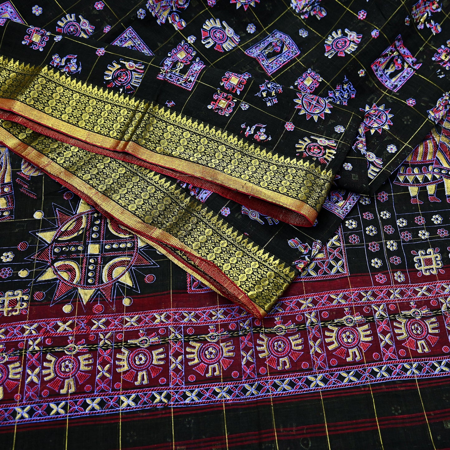 Indian Vintage Sari Black Hand Woven Painted Sarees Pure Cotton Craft Fabric 5Yd Floral Soft Dress Making Zari Border Crafting Quilting