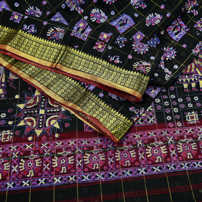 Indian Vintage Sari Black Hand Woven Painted Sarees Pure Cotton Craft Fabric 5Yd Floral Soft Dress Making Zari Border Crafting Quilting