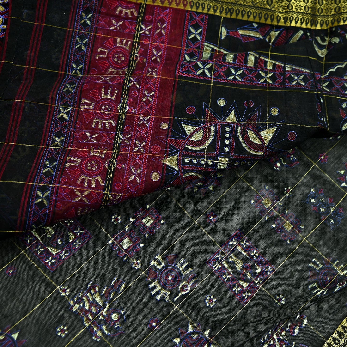 Indian Vintage Sari Black Hand Woven Painted Sarees Pure Cotton Craft Fabric 5Yd Floral Soft Dress Making Zari Border Crafting Quilting