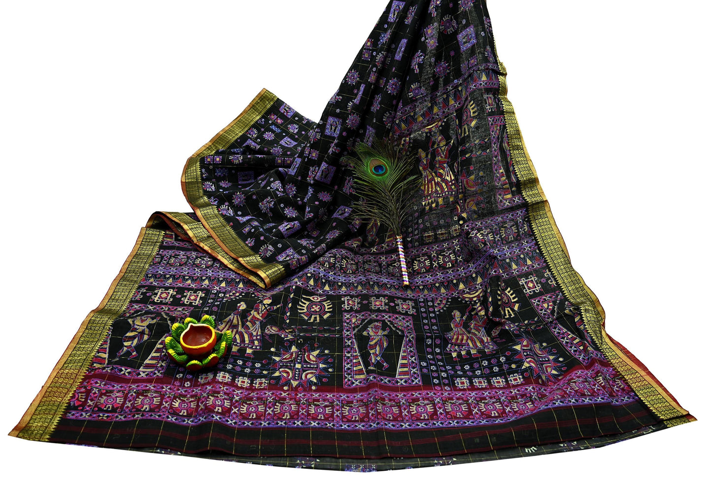 Indian Vintage Sari Black Hand Woven Painted Sarees Pure Cotton Craft Fabric 5Yd Floral Soft Dress Making Zari Border Crafting Quilting