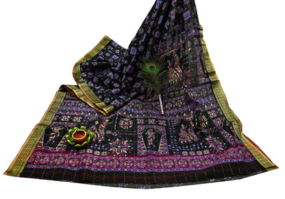 Indian Vintage Sari Black Hand Woven Painted Sarees Pure Cotton Craft Fabric 5Yd Floral Soft Dress Making Zari Border Crafting Quilting