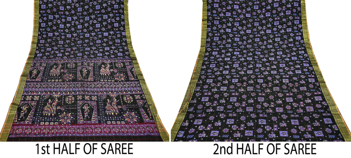 Indian Vintage Sari Black Hand Woven Painted Sarees Pure Cotton Craft Fabric 5Yd Floral Soft Dress Making Zari Border Crafting Quilting