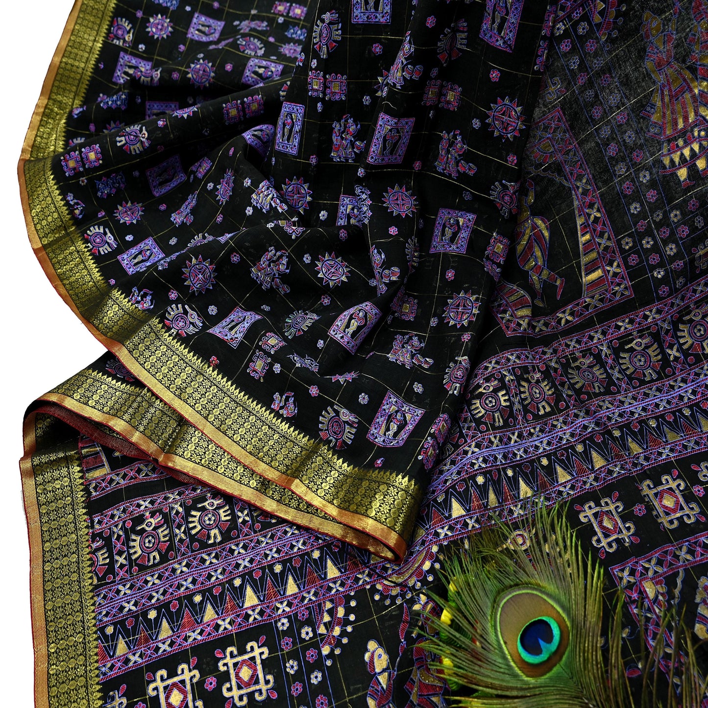 Indian Vintage Sari Black Hand Woven Painted Sarees Pure Cotton Craft Fabric 5Yd Floral Soft Dress Making Zari Border Crafting Quilting