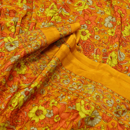 Indian Vintage Saffron Saree Moss Crepe Printed Sari 5yd Sewing Paisley Soft Craft Fabric Dressmaking