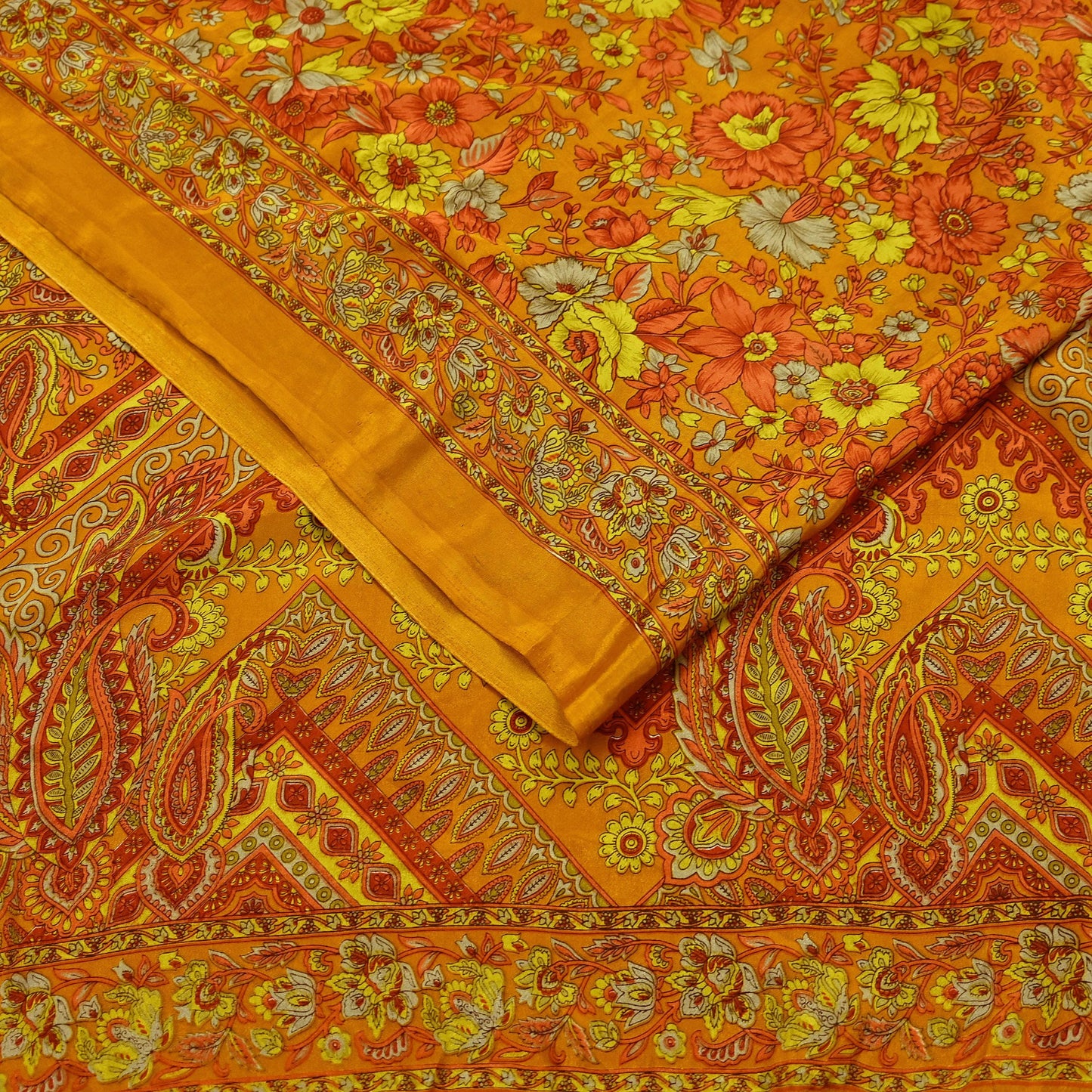 Indian Vintage Saffron Saree Moss Crepe Printed Sari 5yd Sewing Paisley Soft Craft Fabric Dressmaking