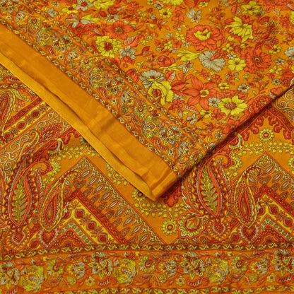 Indian Vintage Saffron Saree Moss Crepe Printed Sari 5yd Sewing Paisley Soft Craft Fabric Dressmaking