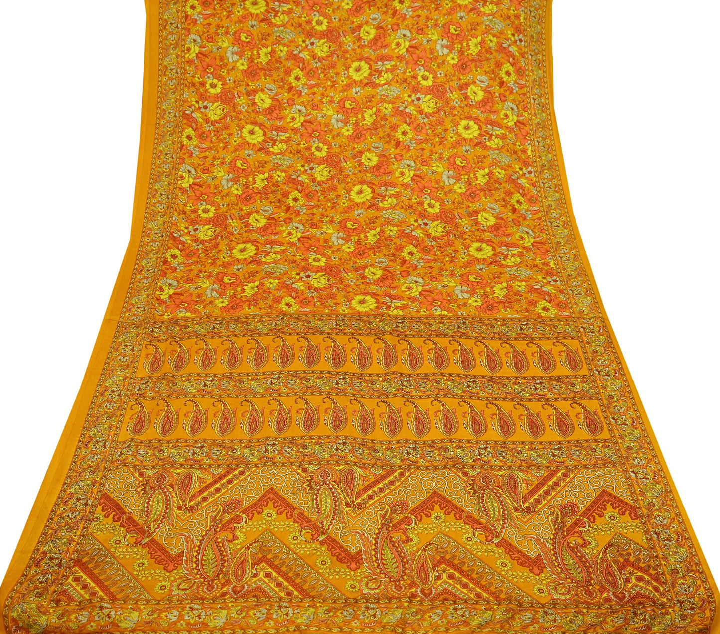 Indian Vintage Saffron Saree Moss Crepe Printed Sari 5yd Sewing Paisley Soft Craft Fabric Dressmaking