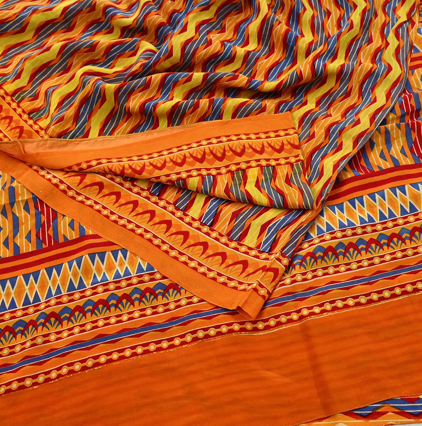 Indian Vintage Sari Orange Pure Crepe Silk Printed Saree 5yd Sewing Floral Soft Craft Fabric Wrap Dress making Quilting Crafting Upcycle
