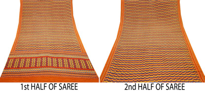 Indian Vintage Sari Orange Pure Crepe Silk Printed Saree 5yd Sewing Floral Soft Craft Fabric Wrap Dress making Quilting Crafting Upcycle