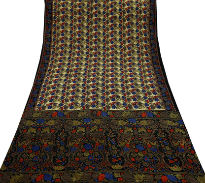 Indian Vintage Sari Black Pure Crepe Silk Printed Sarees 5yd Sewing Craft Fabric Floral Wrap Quilting Dress Making Crafting