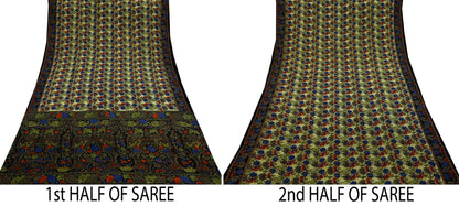 Indian Vintage Sari Black Pure Crepe Silk Printed Sarees 5yd Sewing Craft Fabric Floral Wrap Quilting Dress Making Crafting