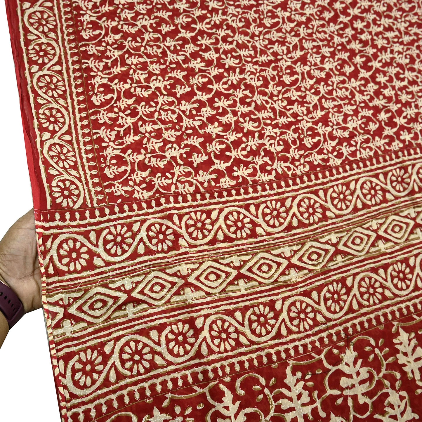 Indian Vintage Red Saree Block Printed Pure Cotton Sari Craft Fabric Soft 5Yd Sewing Sarong Wrap Boho Quilting Crafting Upcycle Dress making