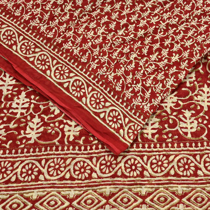 Indian Vintage Red Saree Block Printed Pure Cotton Sari Craft Fabric Soft 5Yd Sewing Sarong Wrap Boho Quilting Crafting Upcycle Dress making