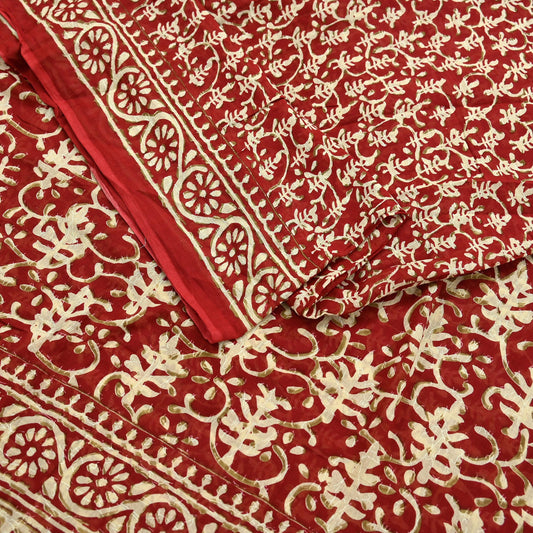 Indian Vintage Red Saree Block Printed Pure Cotton Sari Craft Fabric Soft 5Yd Sewing Sarong Wrap Boho Quilting Crafting Upcycle Dress making