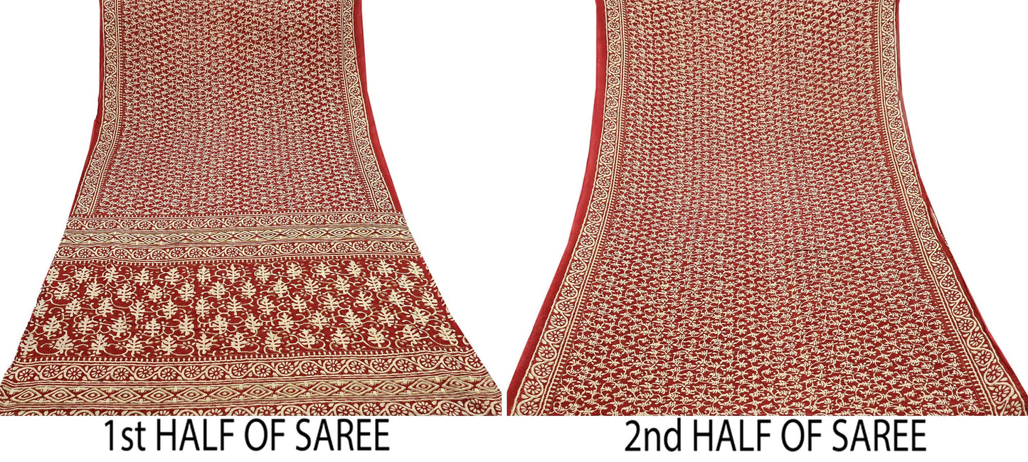 Indian Vintage Red Saree Block Printed Pure Cotton Sari Craft Fabric Soft 5Yd Sewing Sarong Wrap Boho Quilting Crafting Upcycle Dress making