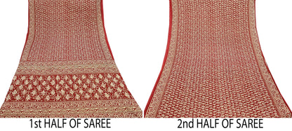 Indian Vintage Red Saree Block Printed Pure Cotton Sari Craft Fabric Soft 5Yd Sewing Sarong Wrap Boho Quilting Crafting Upcycle Dress making