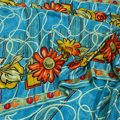 Indian Vintage Blue Saree Moss Crepe Printed Sari 5yd Sewing Floral Soft Craft Fabric Dressmaking For Crafting Quilting Upcycle Boho