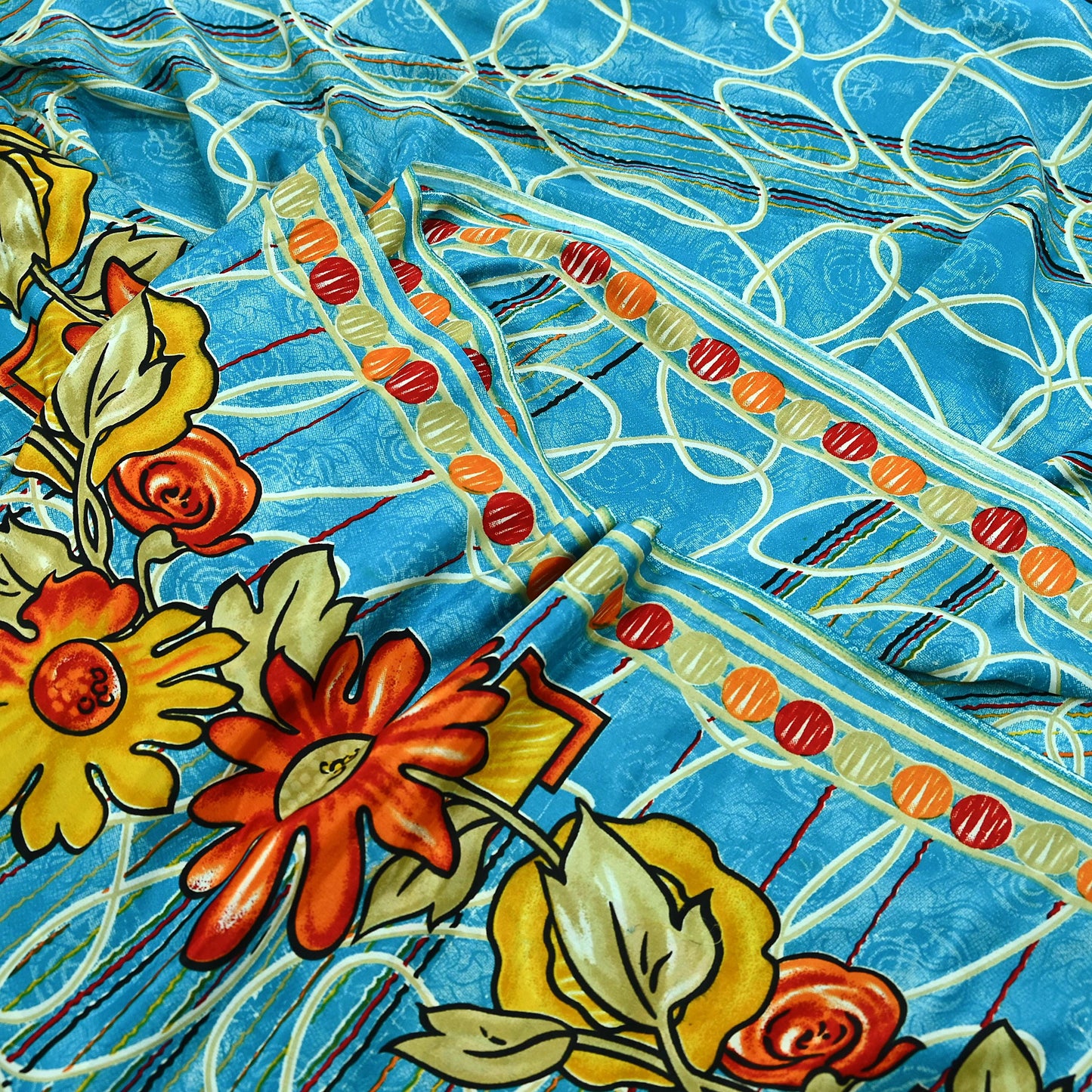 Indian Vintage Blue Saree Moss Crepe Printed Sari 5yd Sewing Floral Soft Craft Fabric Dressmaking For Crafting Quilting Upcycle Boho
