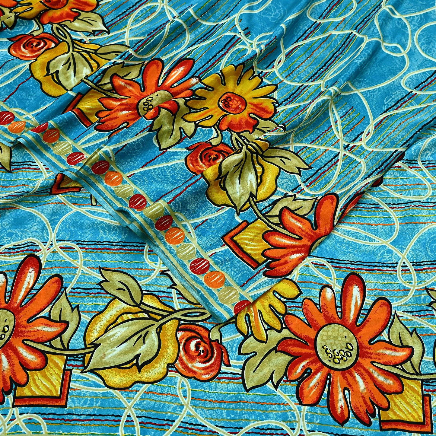 Indian Vintage Blue Saree Moss Crepe Printed Sari 5yd Sewing Floral Soft Craft Fabric Dressmaking For Crafting Quilting Upcycle Boho