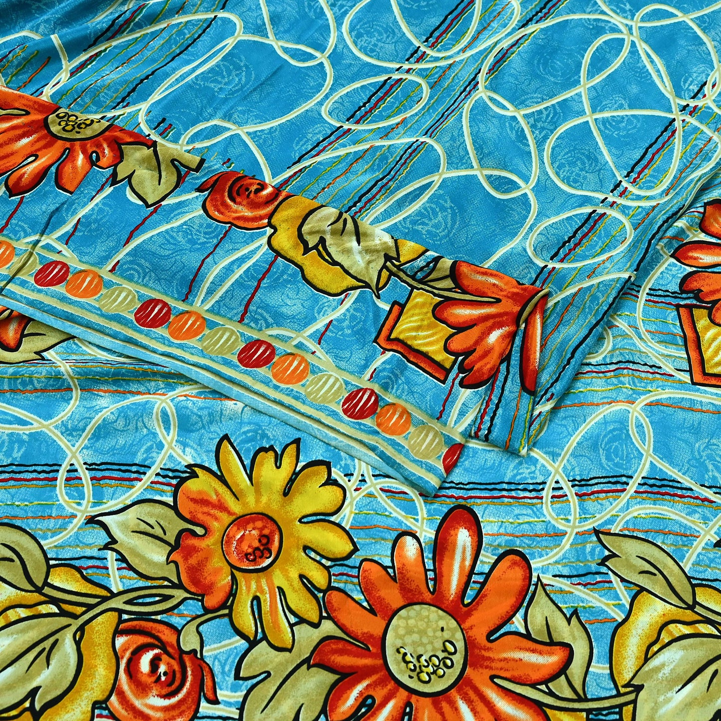 Indian Vintage Blue Saree Moss Crepe Printed Sari 5yd Sewing Floral Soft Craft Fabric Dressmaking For Crafting Quilting Upcycle Boho