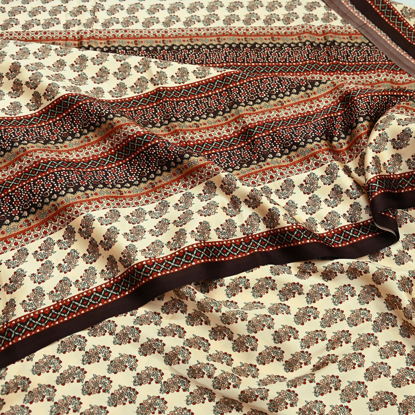 Indian Vintage Saree Beige Satin Printed Sari 5yd Sewing Floral Soft Craft Fabric Dressmaking For Crafting Quilting Upcycle