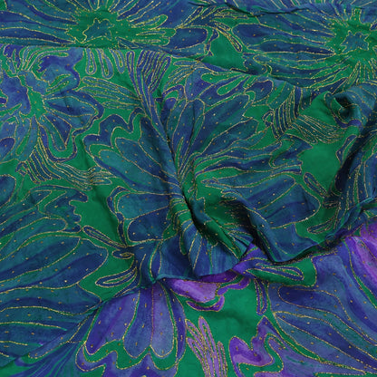 Indian Vintage Sari Green & Purple Pure Crepe Silk Hand Embroidered Saree 5yd Sewing Floral Craft Fabric Dress making For Crafting Upcycle