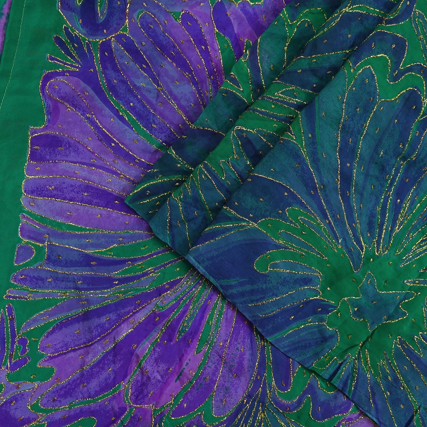Indian Vintage Sari Green & Purple Pure Crepe Silk Hand Embroidered Saree 5yd Sewing Floral Craft Fabric Dress making For Crafting Upcycle