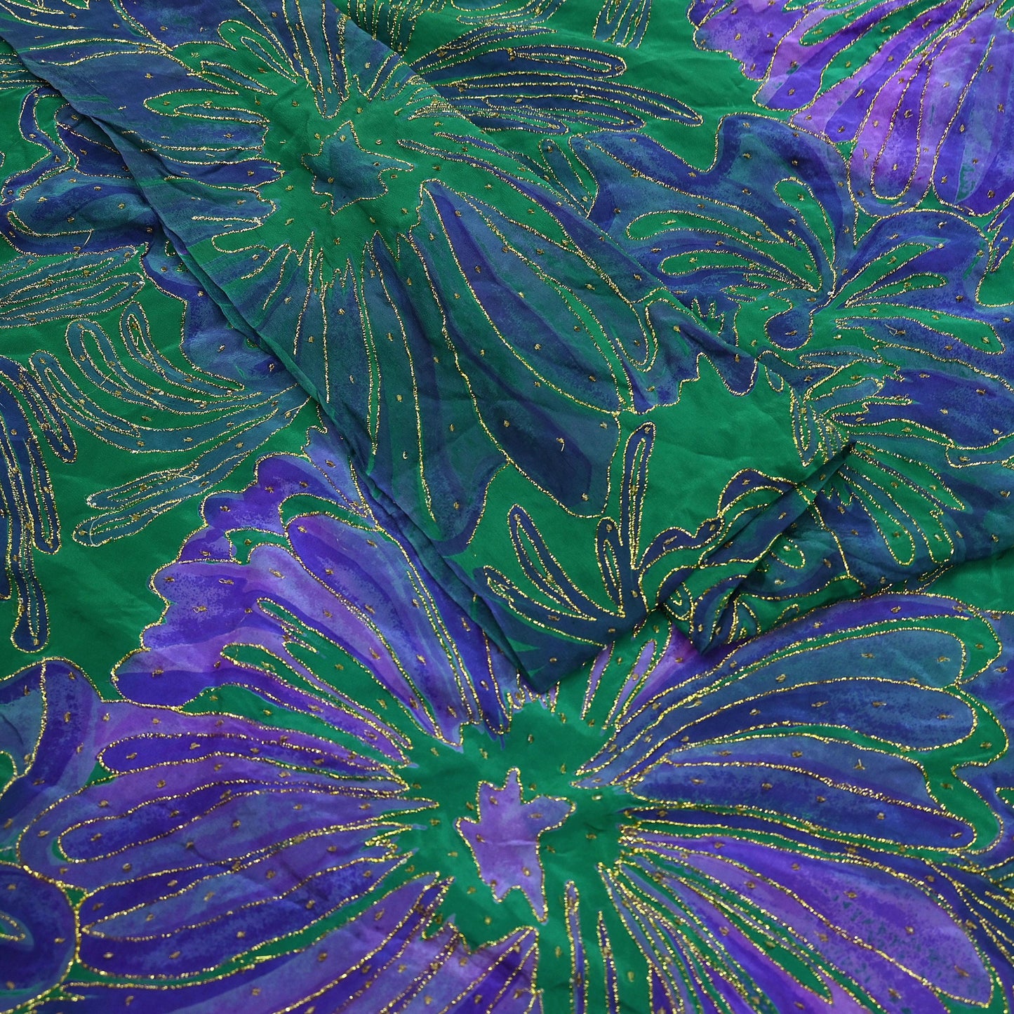 Indian Vintage Sari Green & Purple Pure Crepe Silk Hand Embroidered Saree 5yd Sewing Floral Craft Fabric Dress making For Crafting Upcycle