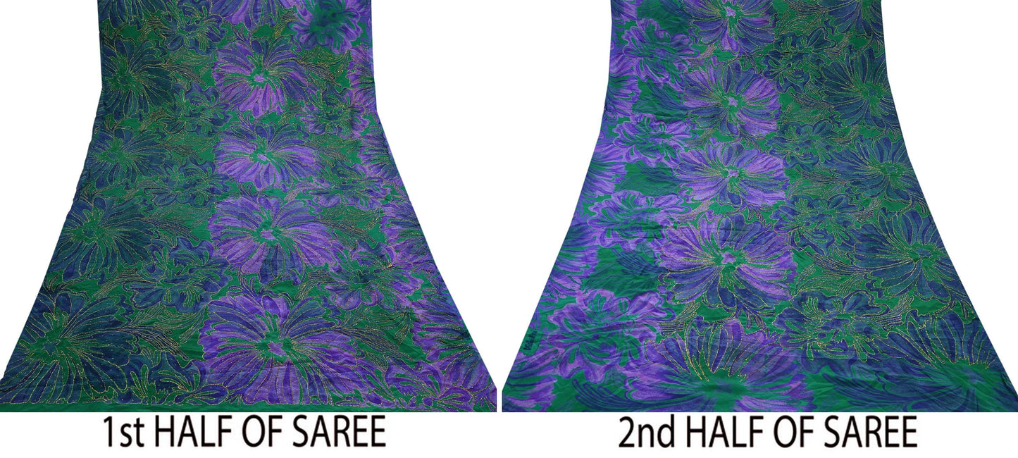 Indian Vintage Sari Green & Purple Pure Crepe Silk Hand Embroidered Saree 5yd Sewing Floral Craft Fabric Dress making For Crafting Upcycle