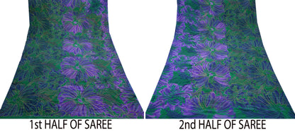 Indian Vintage Sari Green & Purple Pure Crepe Silk Hand Embroidered Saree 5yd Sewing Floral Craft Fabric Dress making For Crafting Upcycle