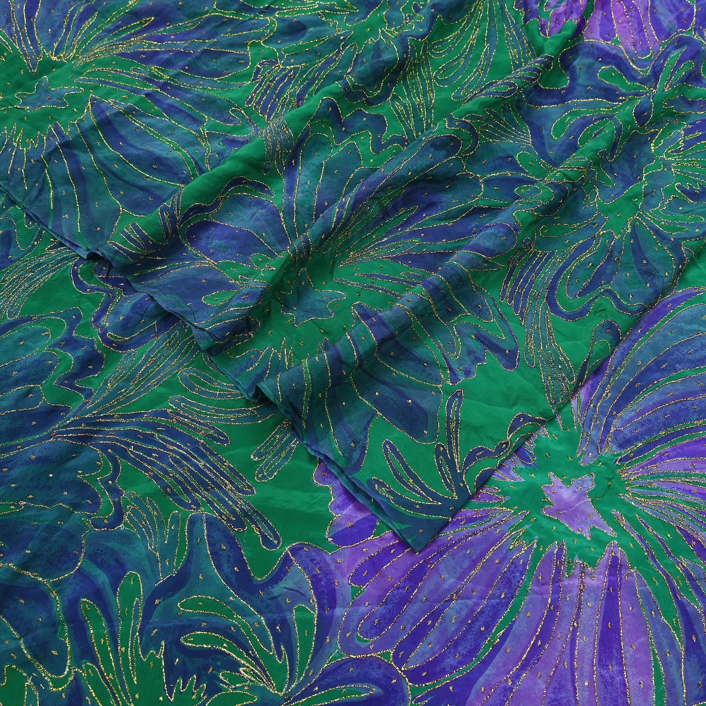 Indian Vintage Sari Green & Purple Pure Crepe Silk Hand Embroidered Saree 5yd Sewing Floral Craft Fabric Dress making For Crafting Upcycle