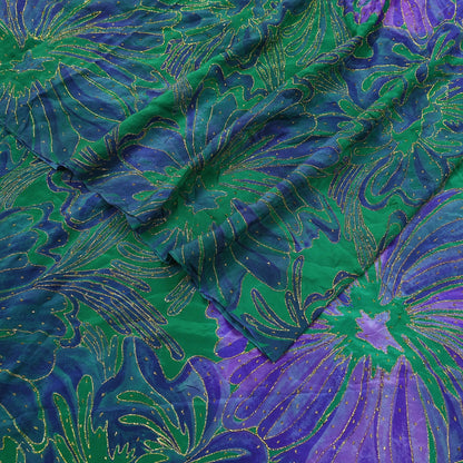 Indian Vintage Sari Green & Purple Pure Crepe Silk Hand Embroidered Saree 5yd Sewing Floral Craft Fabric Dress making For Crafting Upcycle