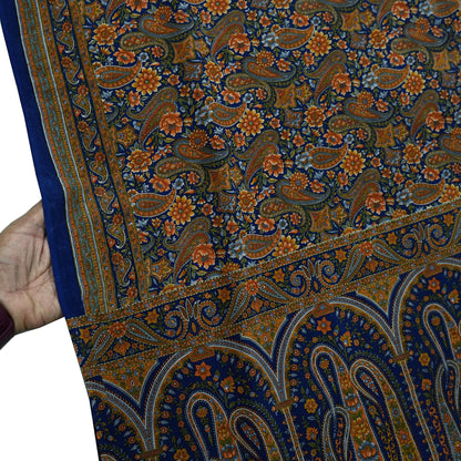 Indian Vintage Blue Saree Pure Crepe Silk Printed Sari Craft Fabric 5yd Sewing Paisley Soft Craft Fabric Wrap Dress making Quilting Upcycle