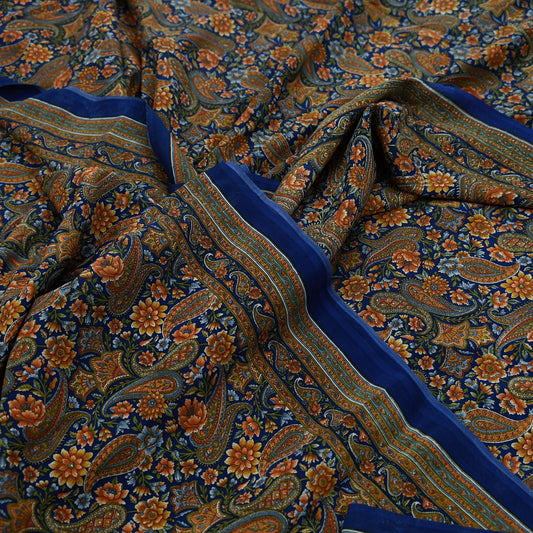 Indian Vintage Blue Saree Pure Crepe Silk Printed Sari Craft Fabric 5yd Sewing Paisley Soft Craft Fabric Wrap Dress making Quilting Upcycle