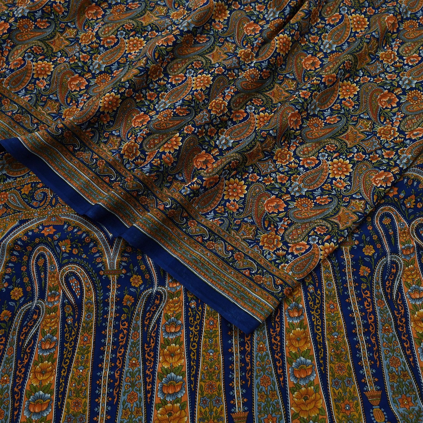Indian Vintage Blue Saree Pure Crepe Silk Printed Sari Craft Fabric 5yd Sewing Paisley Soft Craft Fabric Wrap Dress making Quilting Upcycle