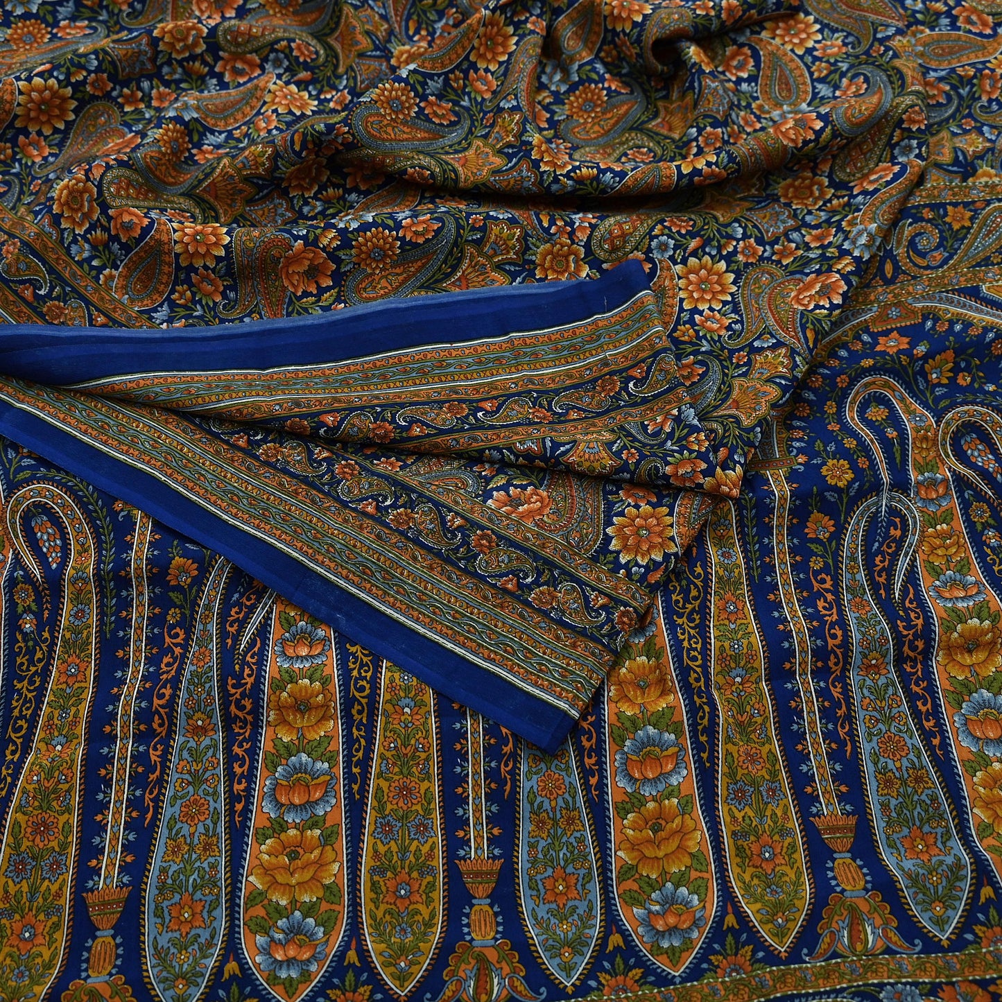 Indian Vintage Blue Saree Pure Crepe Silk Printed Sari Craft Fabric 5yd Sewing Paisley Soft Craft Fabric Wrap Dress making Quilting Upcycle