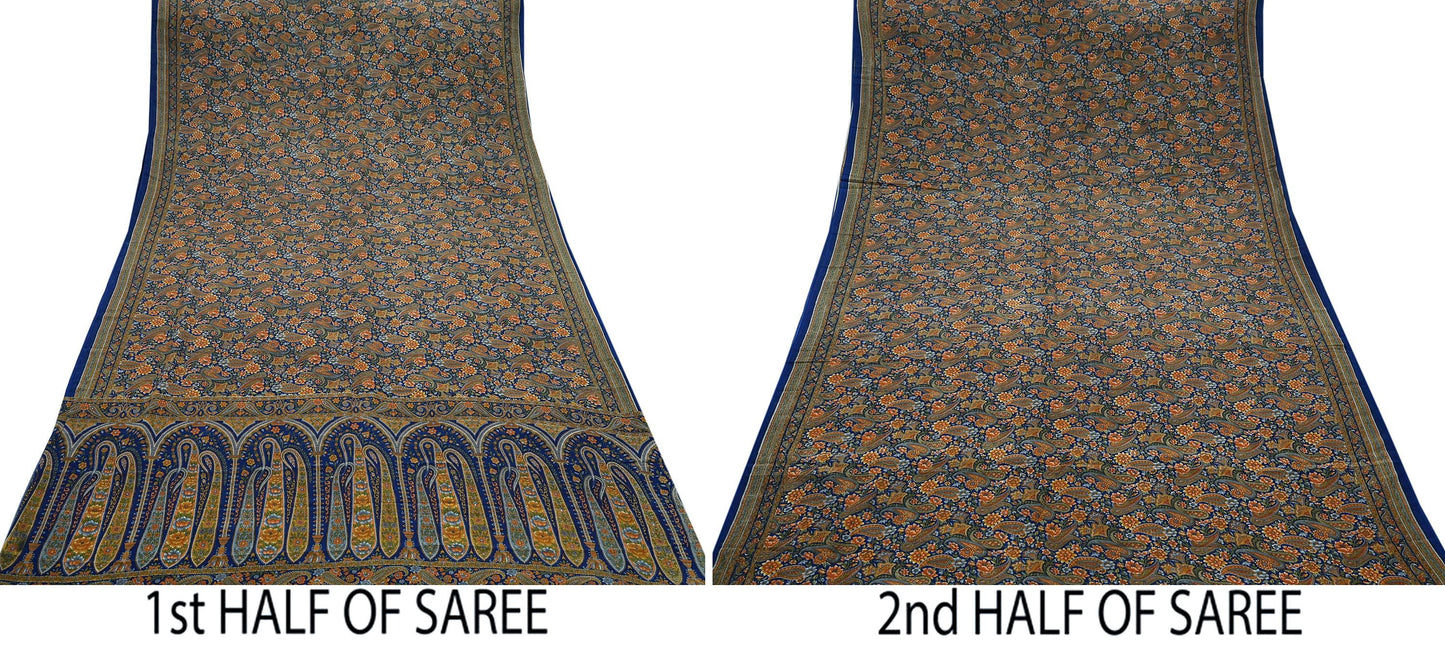 Indian Vintage Blue Saree Pure Crepe Silk Printed Sari Craft Fabric 5yd Sewing Paisley Soft Craft Fabric Wrap Dress making Quilting Upcycle