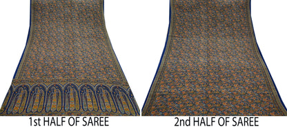 Indian Vintage Blue Saree Pure Crepe Silk Printed Sari Craft Fabric 5yd Sewing Paisley Soft Craft Fabric Wrap Dress making Quilting Upcycle