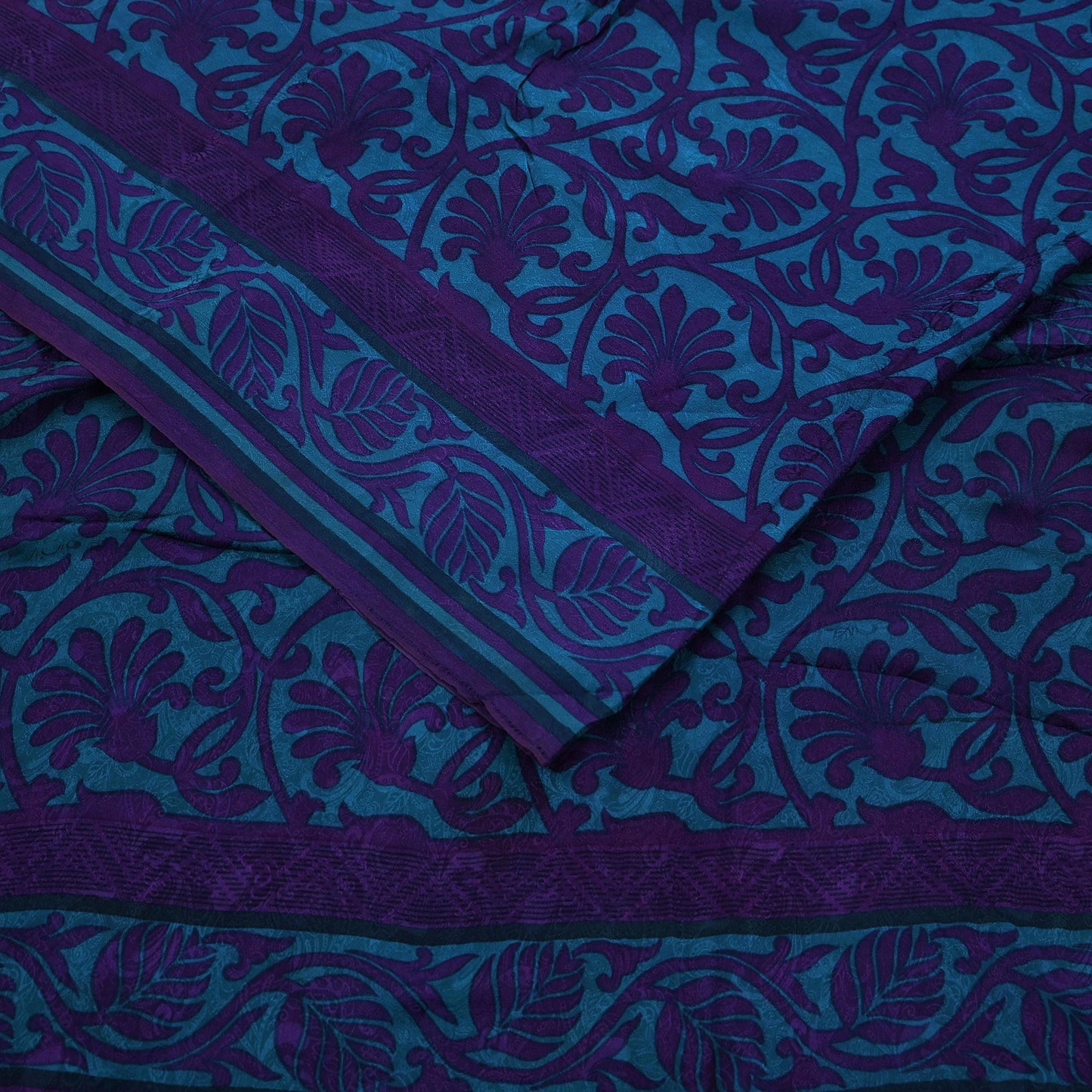Indian Vintage Blue & Purple Saree Pure Crepe Silk Printed Sari 6yd Sewing Soft Craft Fabric Wrap Dress making Crafting Quilting Upcycle