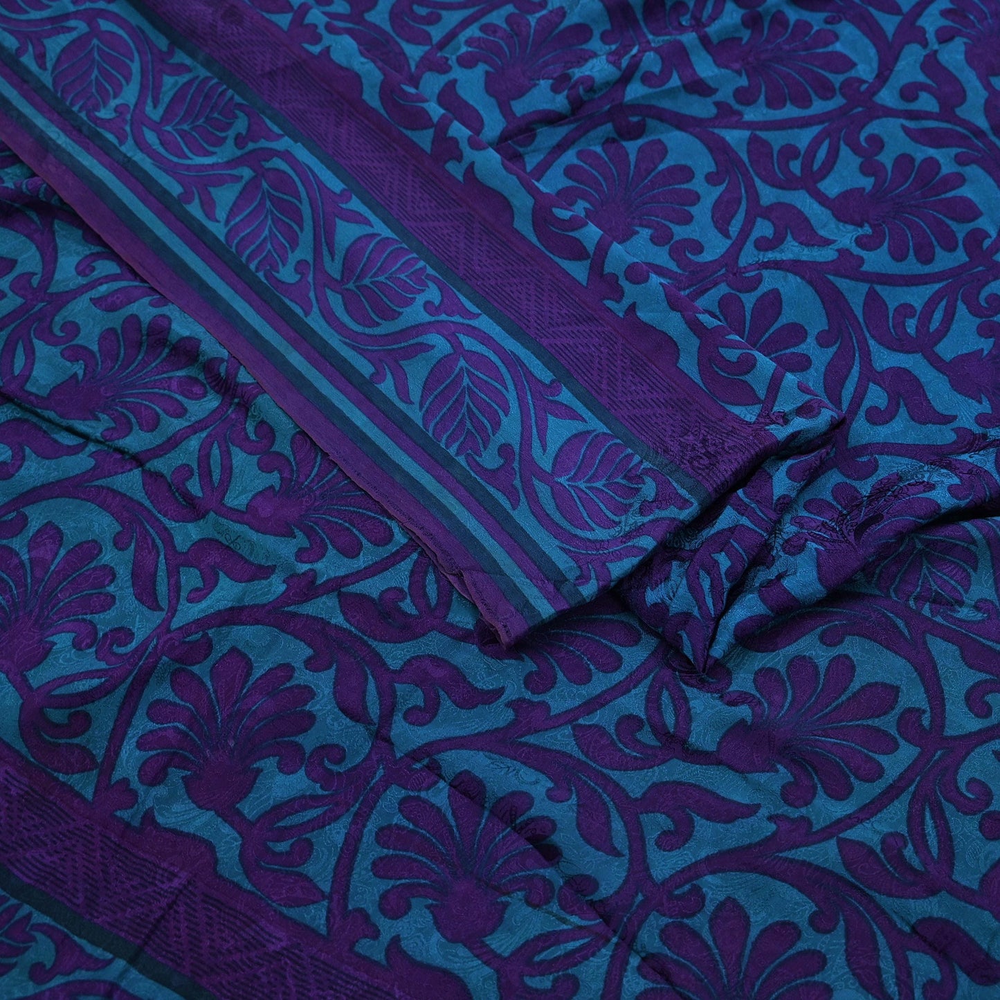Indian Vintage Blue & Purple Saree Pure Crepe Silk Printed Sari 6yd Sewing Soft Craft Fabric Wrap Dress making Crafting Quilting Upcycle