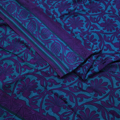 Indian Vintage Blue & Purple Saree Pure Crepe Silk Printed Sari 6yd Sewing Soft Craft Fabric Wrap Dress making Crafting Quilting Upcycle